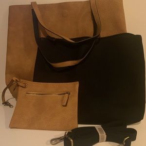 Free People brown/black Reversible Genuine Leather Tote Bag with accessories